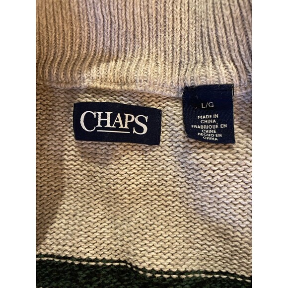 Chaps Men’s Sweater Size Large 100% Cotton Striped Heavy Knit EUC Tan & Gray - Picture 7 of 10